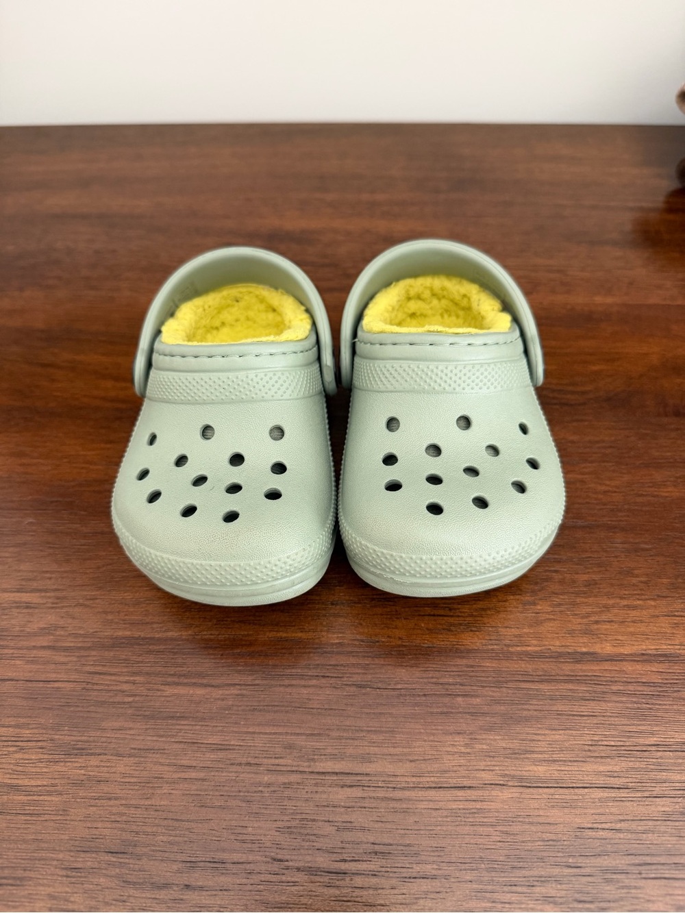 Kids Cozy Slip-On CROCS with Yellow Fleece Lining - Sage Green